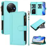 For Redmi A3 / A3x / Poco C61 Magnetic Closure 9 Card Slots Zipper Leather Case with Hand Strap(Mint Green)