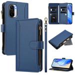 For Redmi K40 / K40 Pro / Poco F3 Magnetic Closure 9 Card Slots Zipper Leather Case with Hand Strap(Dark Blue)