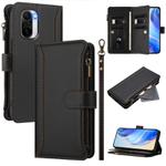 For Redmi K40 / K40 Pro / Poco F3 Magnetic Closure 9 Card Slots Zipper Leather Case with Hand Strap(Black)