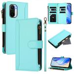 For Redmi K40 / K40 Pro / Poco F3 Magnetic Closure 9 Card Slots Zipper Leather Case with Hand Strap(Mint Green)