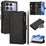 For Redmi K70 Ultra Magnetic Closure 9 Card Slots Zipper Leather Case with Hand Strap(Black)