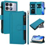 For Redmi K70 Ultra Magnetic Closure 9 Card Slots Zipper Leather Case with Hand Strap(Turquoise)