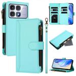 For Redmi K70 Ultra Magnetic Closure 9 Card Slots Zipper Leather Case with Hand Strap(Mint Green)