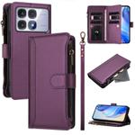 For Redmi K70 Ultra Magnetic Closure 9 Card Slots Zipper Leather Case with Hand Strap(Purple)