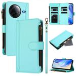 For Redmi K80 / K80 Pro Magnetic Closure Nine Card Slots Zipper Leather Case with Hand Strap(Mint Green)