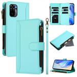 For Redmi Note 10 4G / Note 10S / Poco M5s Magnetic Closure 9 Card Slots Zipper Leather Case with Hand Strap(Mint Green)