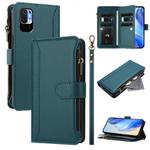 For Redmi Note 10 5G / Note 10T 5G Magnetic Closure Nine Card Slots Zipper Leather Case with Hand Strap(Dark Green)