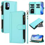 For Redmi Note 10 5G / Note 10T 5G Magnetic Closure 9 Card Slots Zipper Leather Case with Hand Strap(Mint Green)