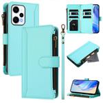 For Redmi Note 12 Turbo / Poco F5 Magnetic Closure Nine Card Slots Zipper Leather Case with Hand Strap(Mint Green)