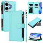 For Redmi Note 13 4G Magnetic Closure 9 Card Slots Zipper Leather Case with Hand Strap(Mint Green)