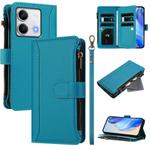 For Redmi Note 13 5G Magnetic Closure 9 Card Slots Zipper Leather Case with Hand Strap(Turquoise)