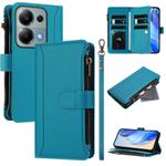 For Redmi Note 13 Pro 4G / Poco M6 Pro 4G Magnetic Closure 9 Card Slots Zipper Leather Case with Hand Strap(Turquoise)