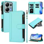 For Redmi Note 13 Pro 4G / Poco M6 Pro 4G Magnetic Closure 9 Card Slots Zipper Leather Case with Hand Strap(Mint Green)