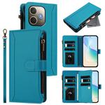 For OPPO A5 Pro 5G Global / A5 Pro 4G Global Magnetic Closure 9 Card Slots Zipper Leather Case with Hand Strap(Turquoise)