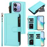 For OPPO A3 4G Global / A60 5G Global Magnetic Closure 9 Card Slots Zipper Leather Case with Hand Strap(Mint Green)