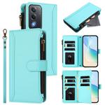For OPPO A3 Pro 5G Global / K12X 5G Global Magnetic Closure 9 Card Slots Zipper Leather Case with Hand Strap(Mint Green)