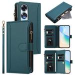 For OPPO A60 4G Global Magnetic Closure 9 Card Slots Zipper Leather Case with Hand Strap(Dark Green)