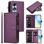 For OPPO A60 4G Global Magnetic Closure 9 Card Slots Zipper Leather Case with Hand Strap(Purple)