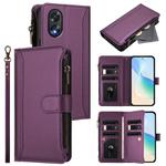 For OPPO A38 4G / A18 4G Global Magnetic Closure 9 Card Slots Zipper Leather Case with Hand Strap(Purple)