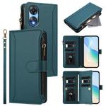 For OPPO A78 5G Global / A1X 5G Magnetic Closure 9 Card Slots Zipper Leather Case with Hand Strap(Dark Green)