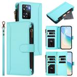 For OPPO A57 4G Global / A77 4G Global Magnetic Closure 9 Card Slots Zipper Leather Case with Hand Strap(Mint Green)