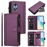 For OPPO A17 4G Global / A17K Magnetic Closure 9 Card Slots Zipper Leather Case with Hand Strap(Purple)