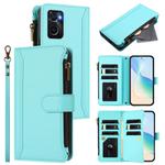 For OPPO A36 4G / A76 4G / A96 4G Magnetic Closure 9 Card Slots Zipper Leather Case with Hand Strap(Mint Green)