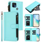 For OPPO A16E / A16K / A35 2021 / A15S Magnetic Closure 9 Card Slots Zipper Leather Case with Hand Strap(Mint Green)