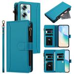For OPPO A79 5G Global Magnetic Closure 9 Card Slots Zipper Leather Case with Hand Strap(Turquoise)