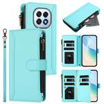 For OPPO F29 5G Global Magnetic Closure 9 Card Slots Zipper Leather Case with Hand Strap(Mint Green)
