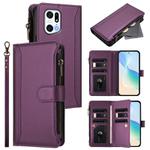For OPPO Find X5 Pro Magnetic Closure 9 Card Slots Zipper Leather Case with Hand Strap(Purple)