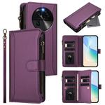 For OPPO Find X6 5G Global Magnetic Closure 9 Card Slots Zipper Leather Case with Hand Strap(Purple)