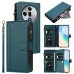 For OPPO Find X7 Magnetic Closure 9 Card Slots Zipper Leather Case with Hand Strap(Dark Green)
