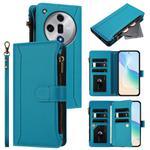 For OPPO Find X7 Magnetic Closure 9 Card Slots Zipper Leather Case with Hand Strap(Turquoise)