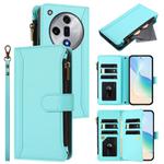 For OPPO Find X7 Magnetic Closure 9 Card Slots Zipper Leather Case with Hand Strap(Mint Green)