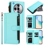 For OPPO Find X7 Ultra Magnetic Closure 9 Card Slots Zipper Leather Case with Hand Strap(Mint Green)