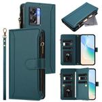 For OPPO K10 5G Global / A77 5G / A97 5G Magnetic Closure 9 Card Slots Zipper Leather Case with Hand Strap(Dark Green)