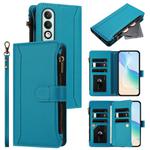 For OPPO K12X 5G Global Magnetic Closure 9 Card Slots Zipper Leather Case with Hand Strap(Turquoise)
