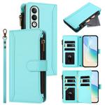 For OPPO K12X 5G Global Magnetic Closure 9 Card Slots Zipper Leather Case with Hand Strap(Mint Green)