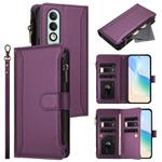 For OPPO K12X 5G Global Magnetic Closure 9 Card Slots Zipper Leather Case with Hand Strap(Purple)