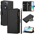For OPPO A5 5G Global Magnetic Closure 9 Card Slots Zipper Leather Case with Hand Strap(Black)
