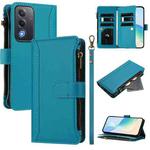 For OPPO A5 5G Global Magnetic Closure 9 Card Slots Zipper Leather Case with Hand Strap(Turquoise)