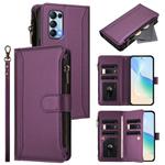 For OPPO Reno5 5G / Find X3 Lite Magnetic Closure 9 Card Slots Zipper Leather Case with Hand Strap(Purple)