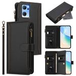 For OPPO Reno7 5G Global / Find X5 Lite Magnetic Closure 9 Card Slots Zipper Leather Case with Hand Strap(Black)