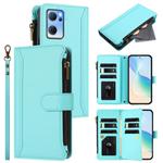For OPPO Reno7 5G Global / Find X5 Lite Magnetic Closure 9 Card Slots Zipper Leather Case with Hand Strap(Mint Green)