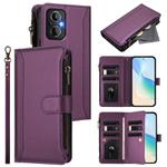 For OPPO Reno8 4G Global / Reno7 4G Global Magnetic Closure 9 Card Slots Zipper Leather Case with Hand Strap(Purple)