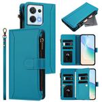 For OPPO Reno8 5G Global Magnetic Closure 9 Card Slots Zipper Leather Case with Hand Strap(Turquoise)