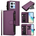 For OPPO Reno8 5G Global Magnetic Closure 9 Card Slots Zipper Leather Case with Hand Strap(Purple)