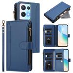 For OPPO Reno8 Pro 5G Magnetic Closure 9 Card Slots Zipper Leather Case with Hand Strap(Dark Blue)