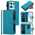 For OPPO Reno8 Pro 5G Magnetic Closure 9 Card Slots Zipper Leather Case with Hand Strap(Turquoise)